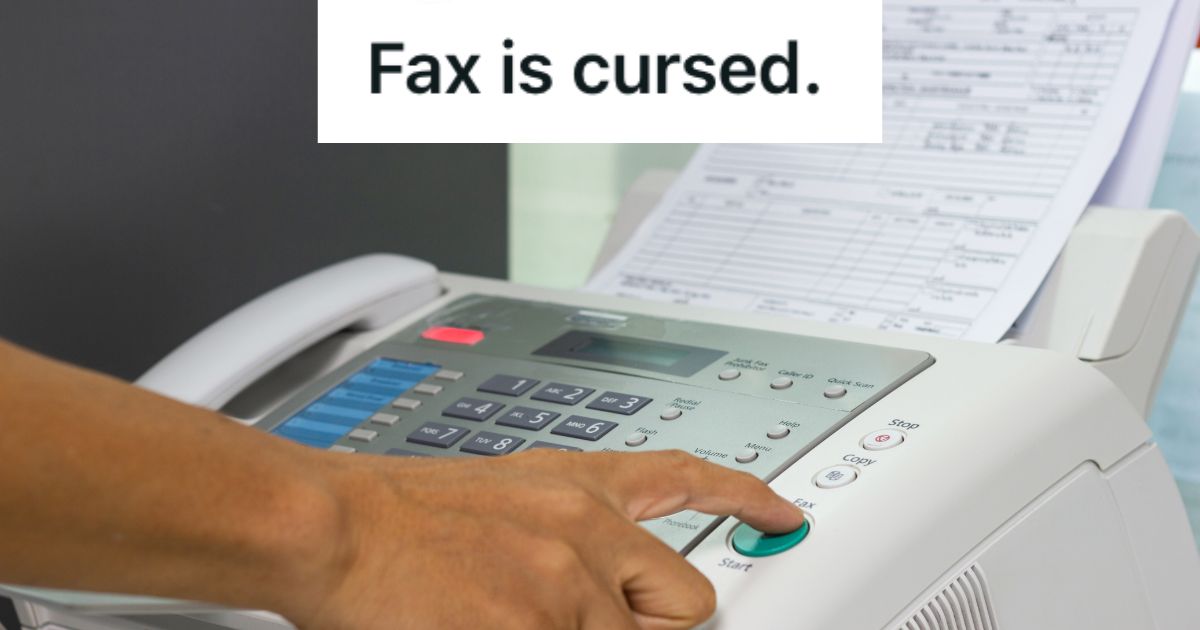 Employee Spent Hours Troubleshooting A Broken Fax Line For A Customer, But He Discovered The Problem Was Simply A Small Machine Setting Person using a fax machine