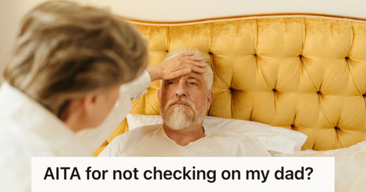Old man feeling ill and a woman touching his forehead