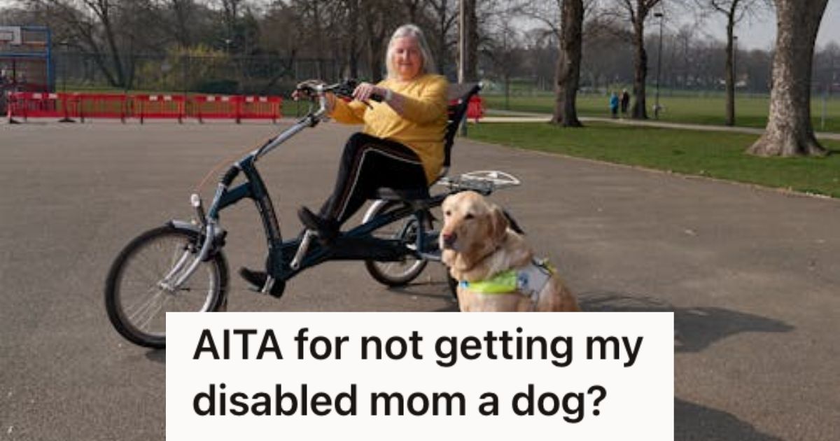 Disabled woman riding a bike with a dog beside her