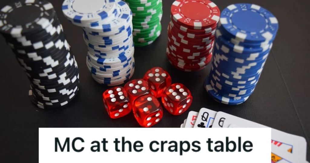 Casino table with dice, chips, and playing cards