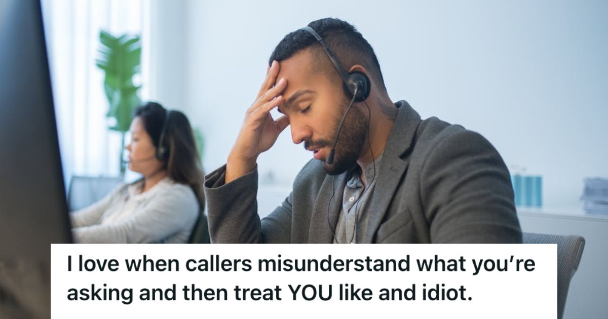 Frustrated call center agent closing his eyes and touching his forehead