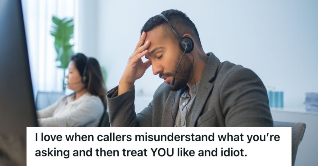 Frustrated call center agent closing his eyes and touching his forehead