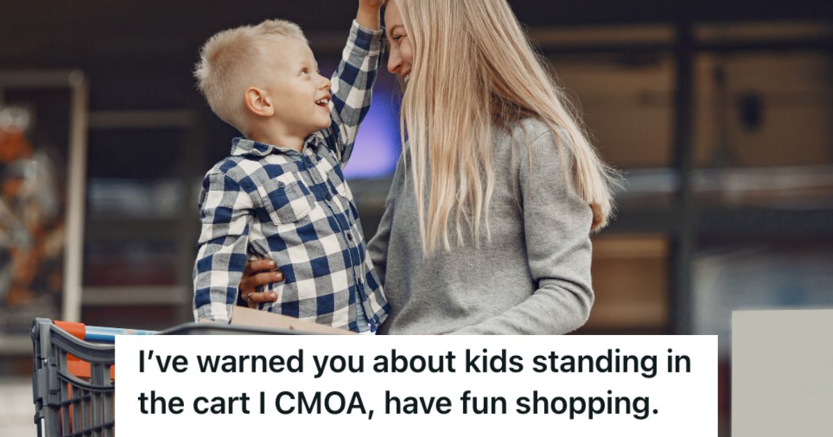 Woman shopping with her son standing in the shopping cart