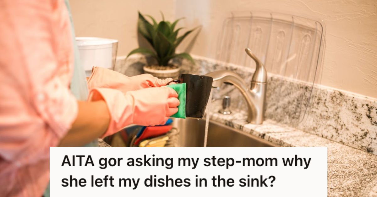Woman with gloves washing a cup in the sink