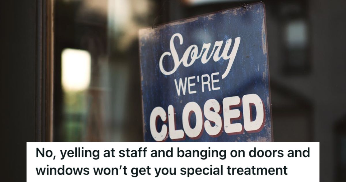 A "Sorry, We're Closed" sign hung up the glass door