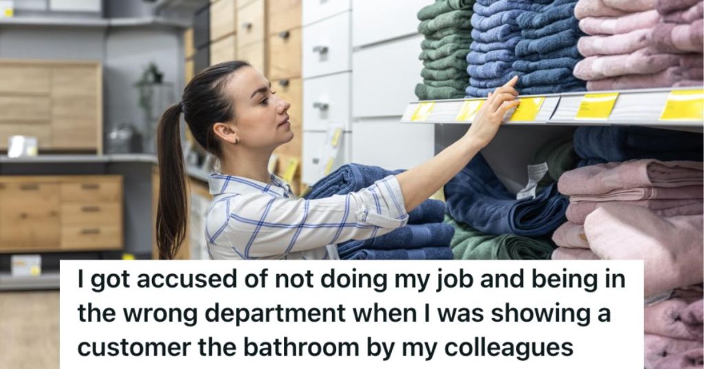 Employee fixing towels on the shelf