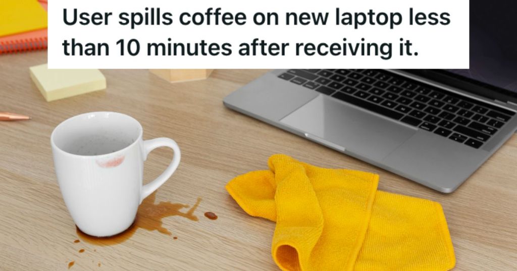 Coffee spill near a laptop on the desk