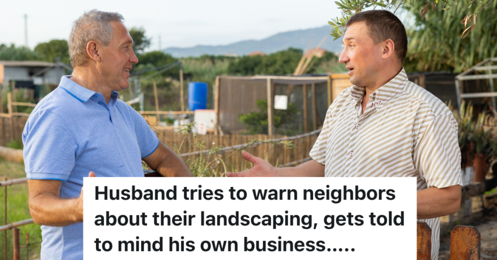 two men talking on opposite sides of a fence