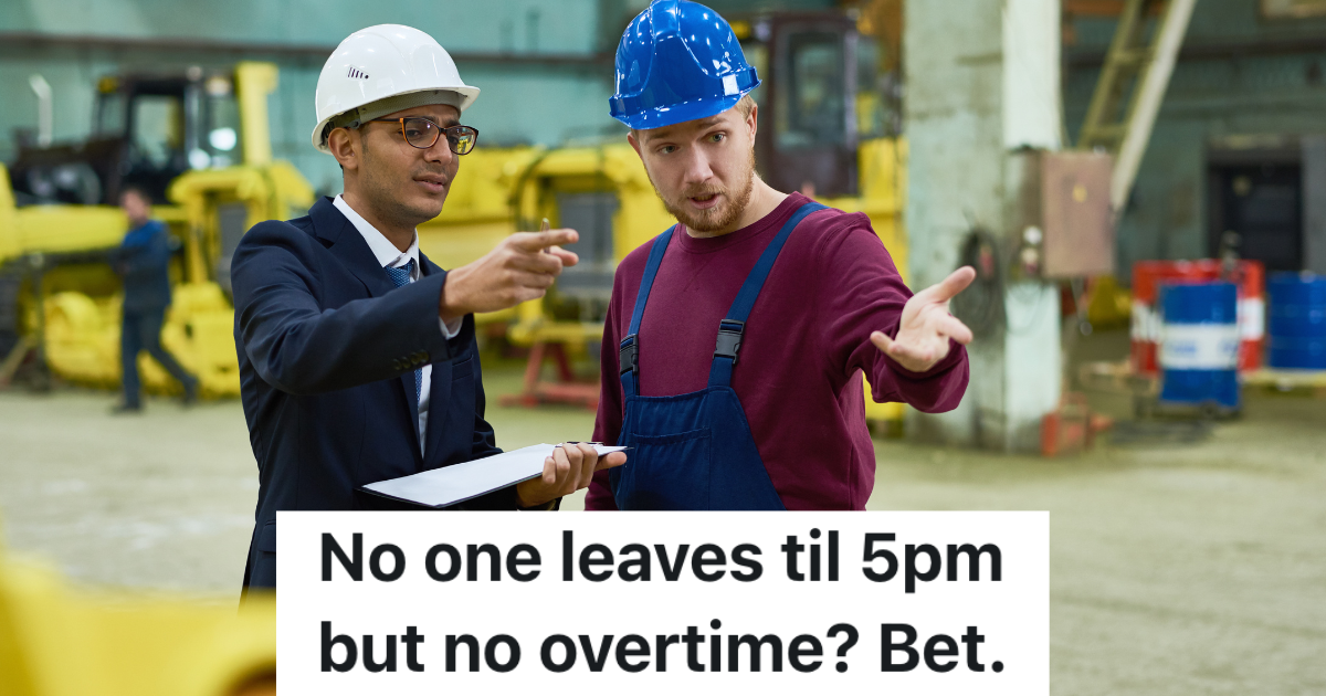 Employee Used To Work Overtime Making Sure All Of The Machinery Was Calibrated Properly, But The New Boss Insisted He Needed To Work The Same Hours As Everyone Else factory worker in hardhat talking to manager