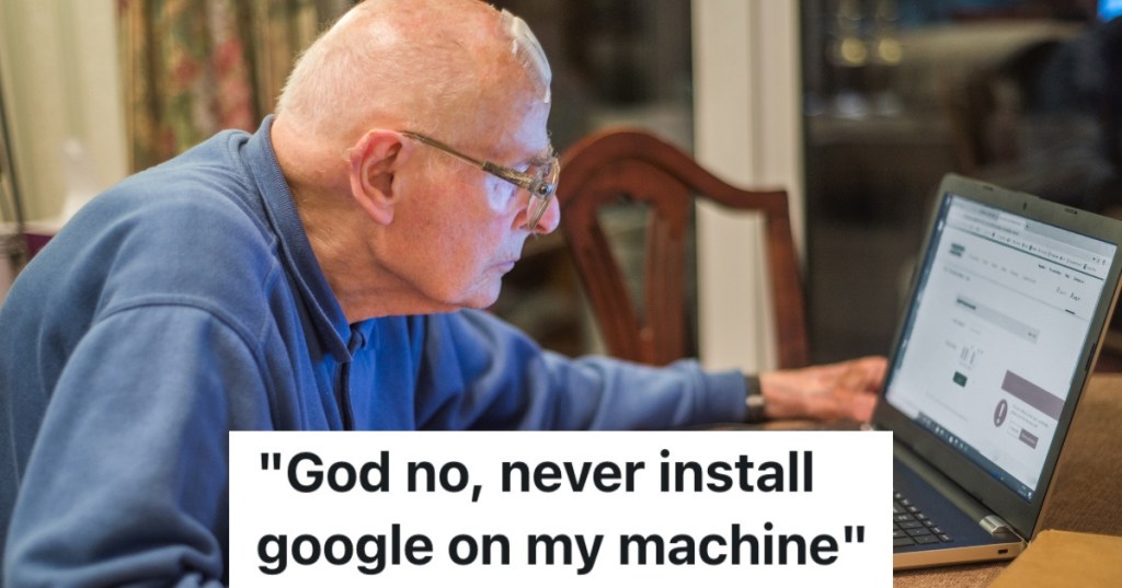 old man staring at a laptop