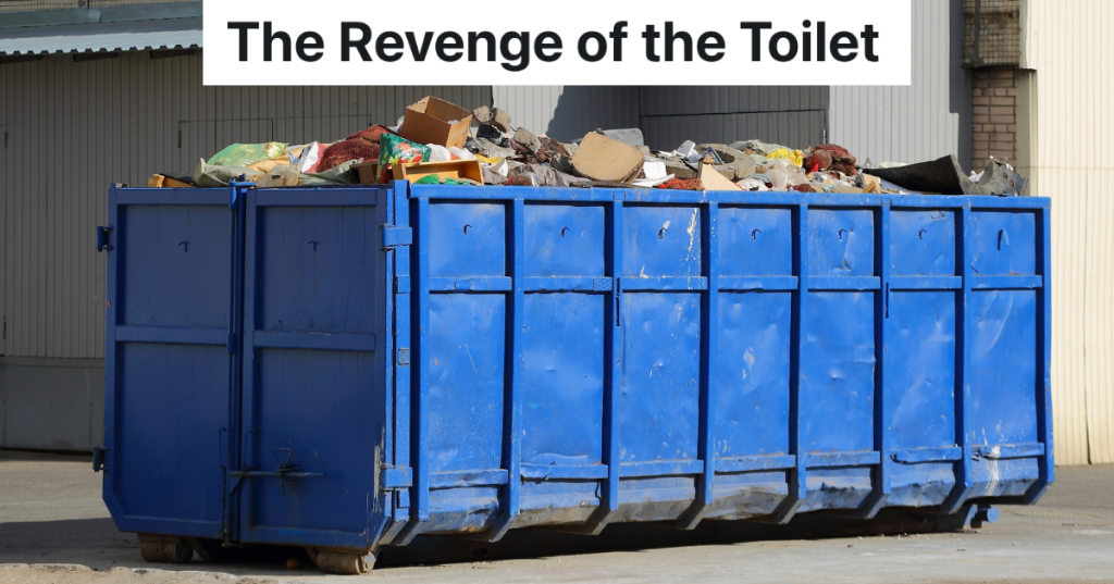 large blue dumpster that's very full
