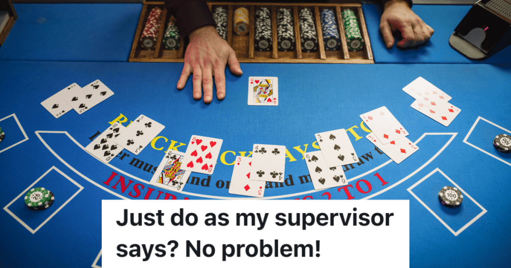 overhead shot of a game table at a casino with cards and chips