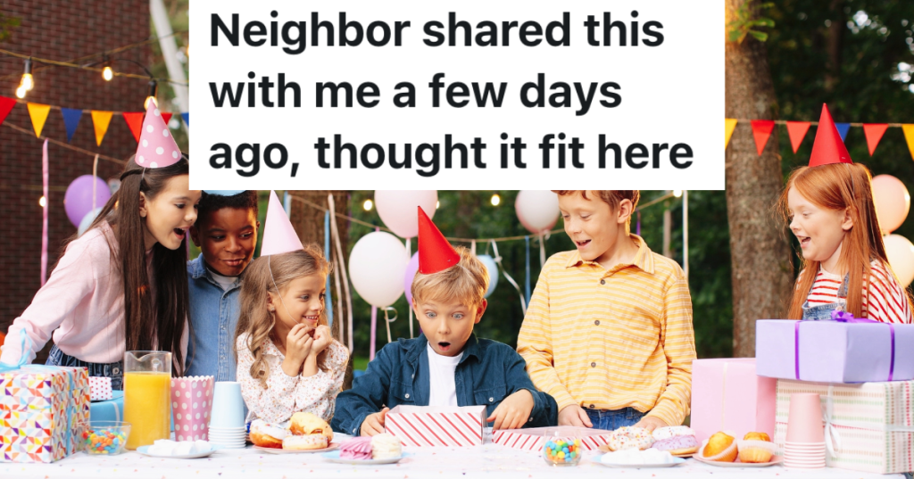 little boy excitedly opening a birthday present while his friends watch