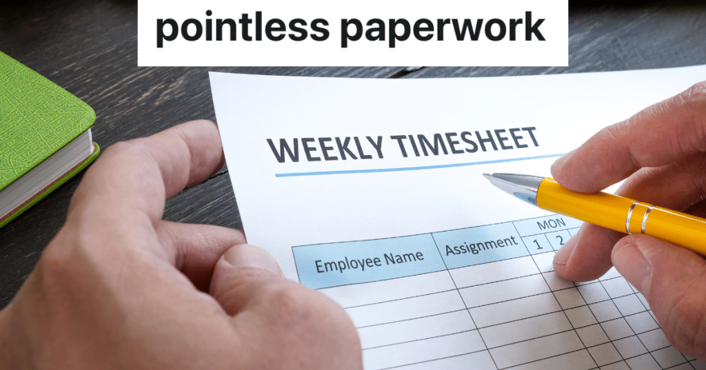 closeup of a man's hands holding a paper that reads "weekly timesheet"