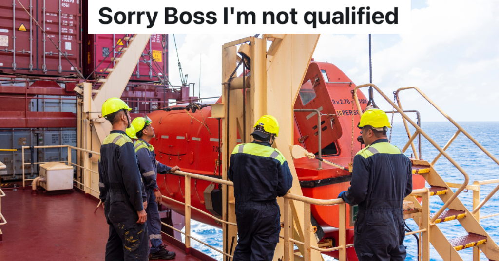 four men in hardhats on a merchant ship