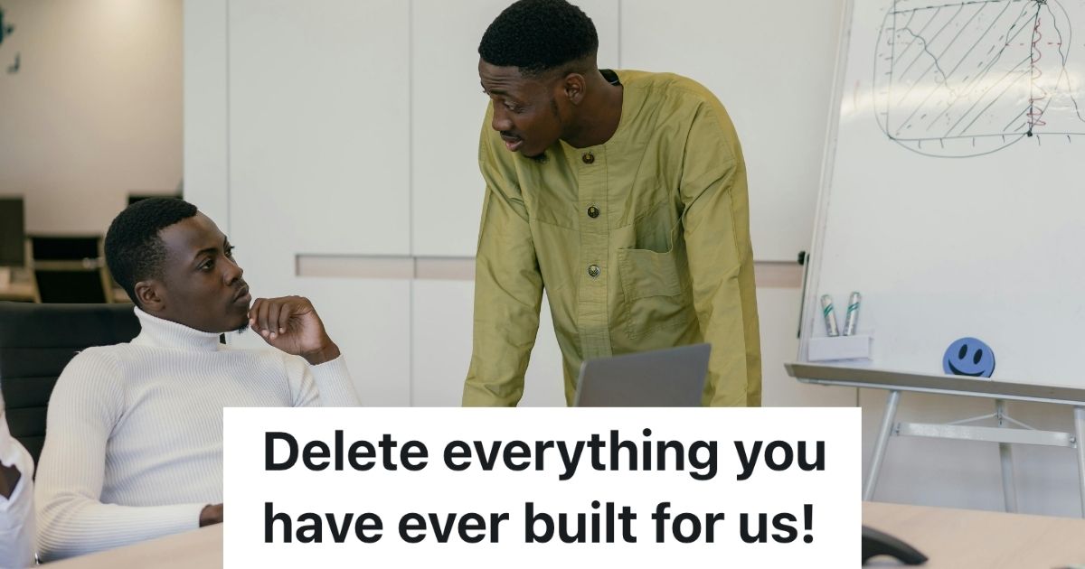 Jack Of All Trades Automates Reports, Then Erases His Work When He Gets Fired, But Then The Executive Team Wants Him To Salvage It Two men tense at a laptop