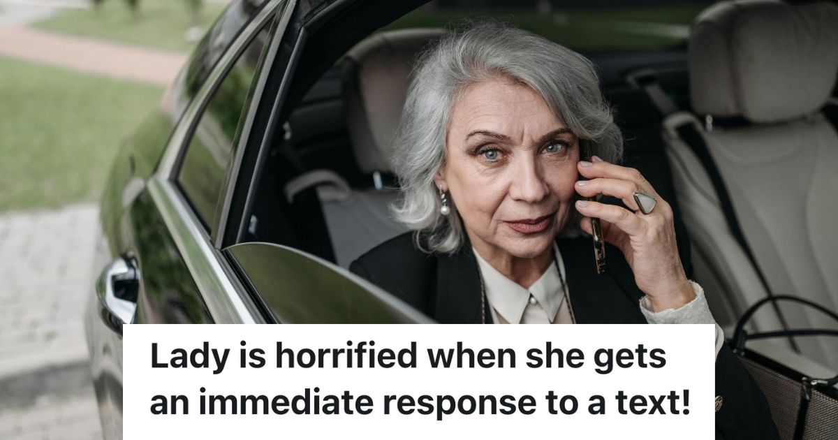 Older woman on phone in posh car