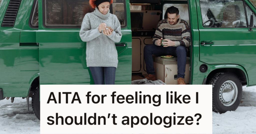 Woman standing next to a man in a parked van in the winter