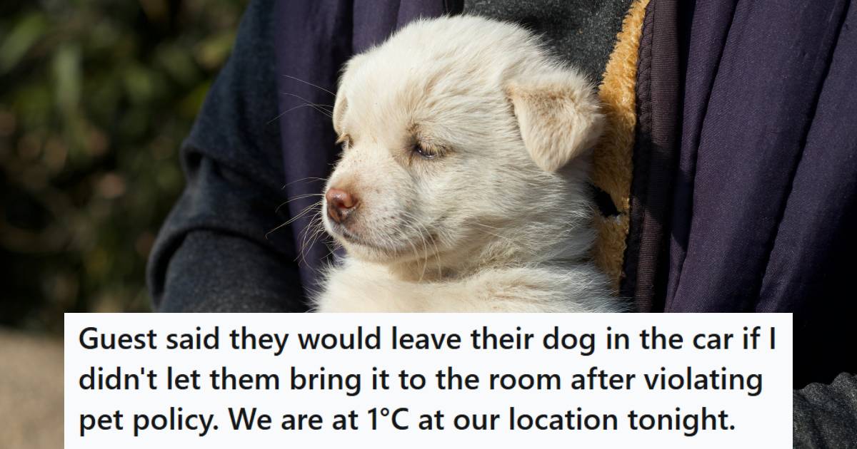 Man holding a dog outside of a hotel