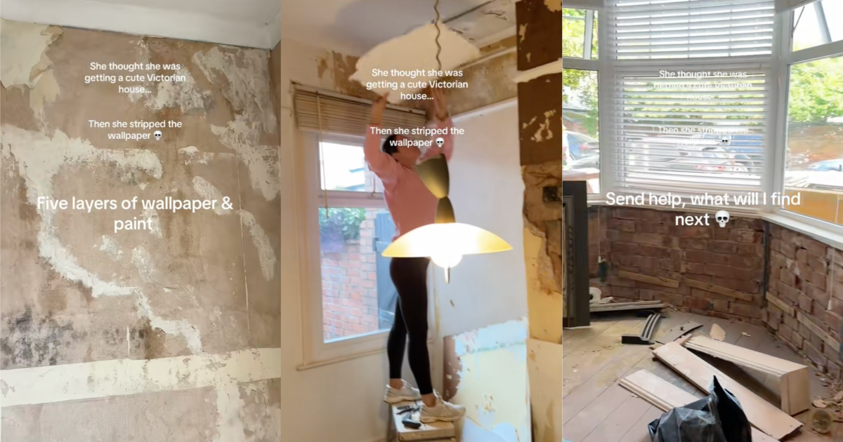 A Homeowner Got A Surprise When She Removed The Wallpaper In Her New Home woman working on her house