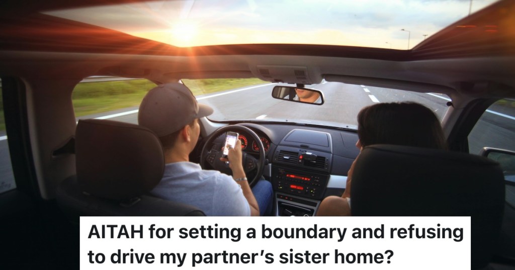 person driving someone else in a car during sunset