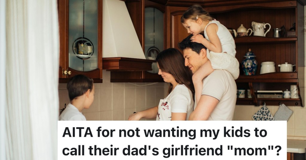 mom cooking with kid on shoulder, another near her and husband looking ove her