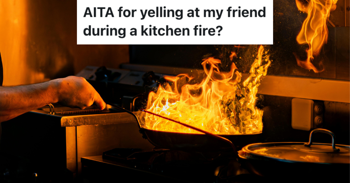 She Yelled At Her Friend To Stop A Kitchen Fire, But Her Friend Thinks Shes In The Wrong Pan on fire on a stove.