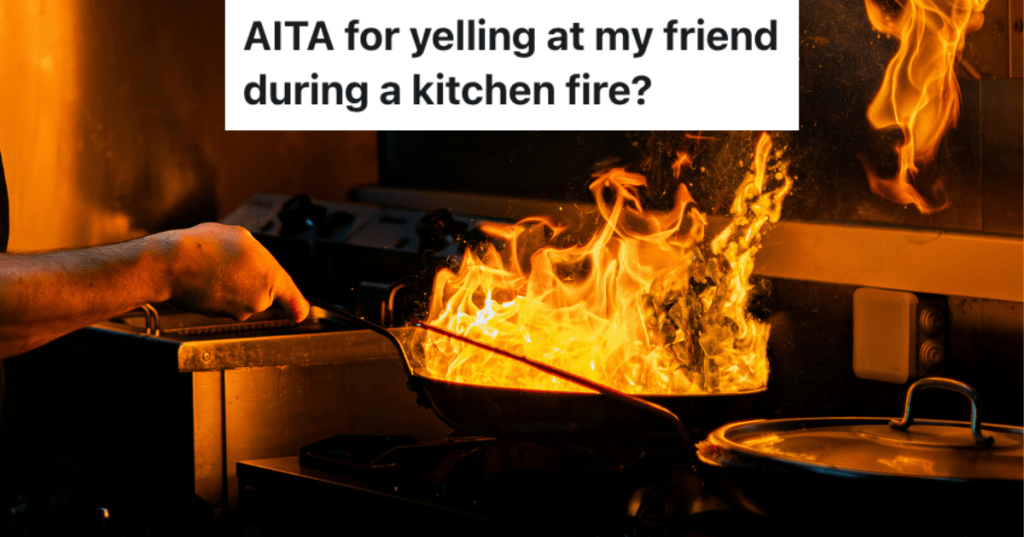 Pan on fire on a stove.