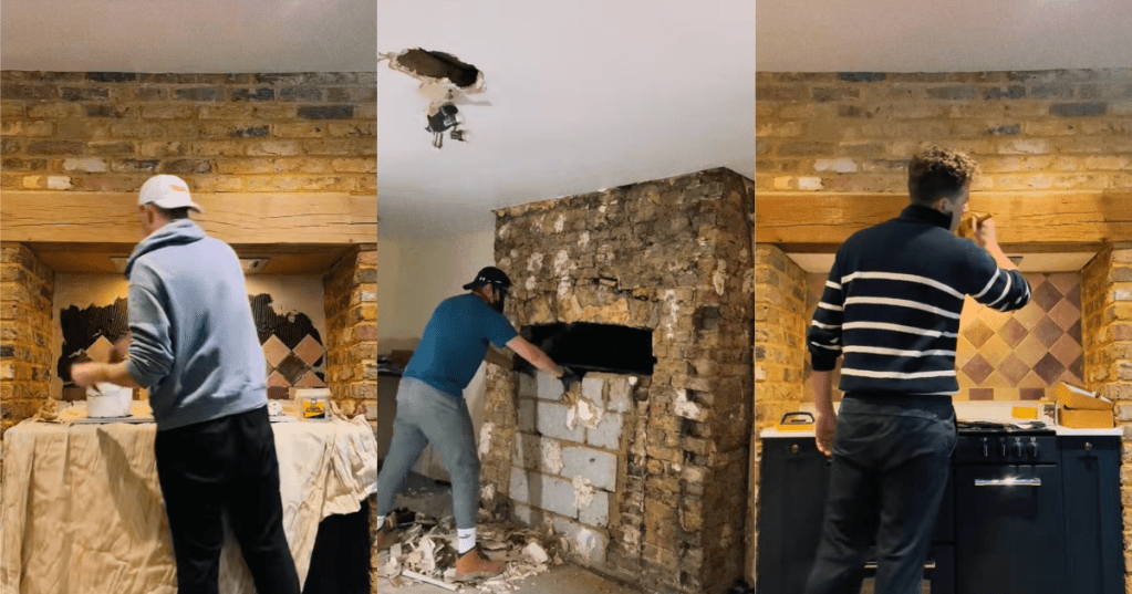 man working on a fireplace