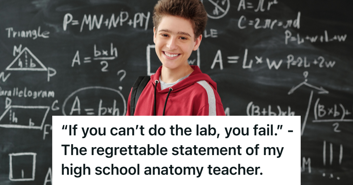 high school student in front of blackboard