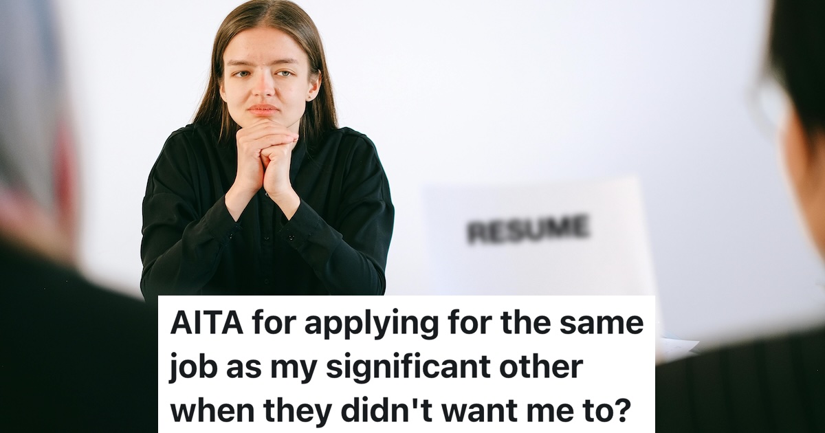 She Applied for a Well Paying Summer Job, and Her Partner Says She’s “Copying” Their Life Plans woman in a job interview where someone is holding up her resume