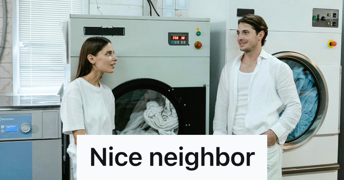 man and woman sitting in laundry room