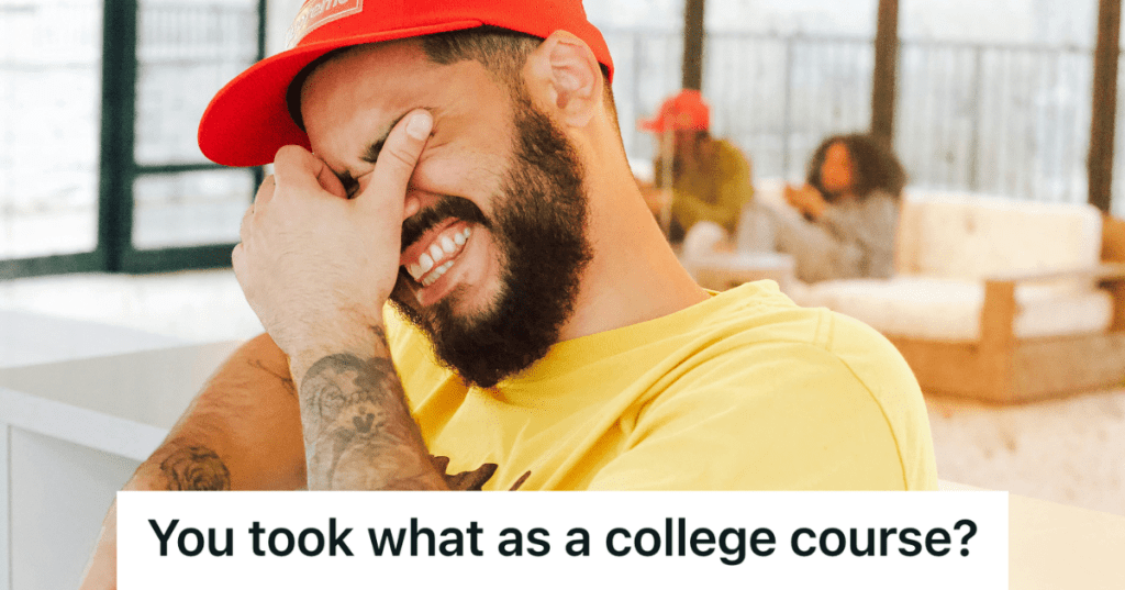 man in red hat laughing