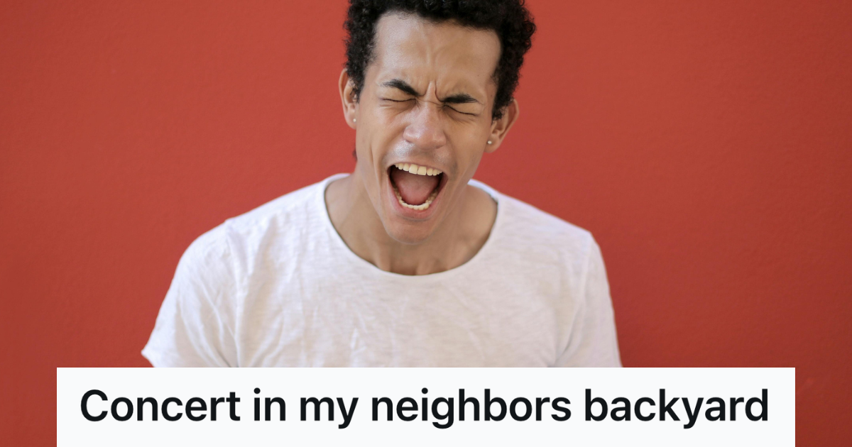 Suburban Neighbor Endured A Neighbors 11 PM Backyard Concert, So He Used His Deep Voice To Boo! Them Into Oblivion man in white tee shouting