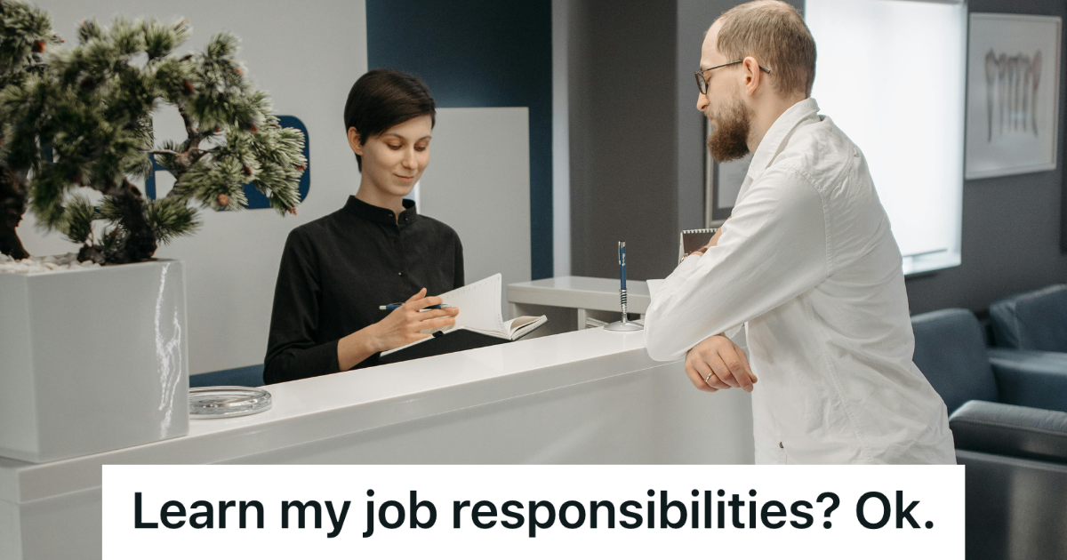 New Hire Asked Front Desk Lady For Printer Paper, So When She Scolded Him For Not Knowing His Job Description, He Asked His Boss And Gave Her A Reality Check man talking to a receptionist