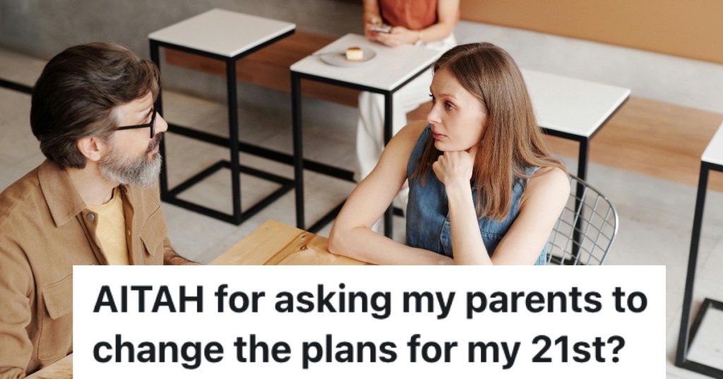 man and woman sitting at a table chatting