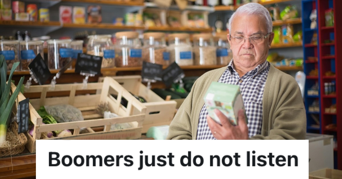 older man looking at the fine print on a product