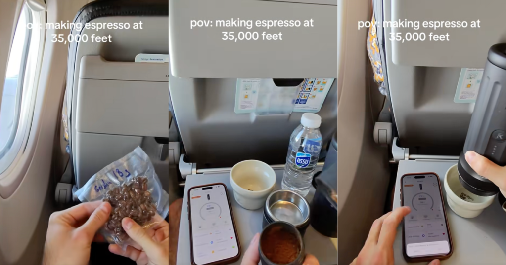 man making coffee on a plane