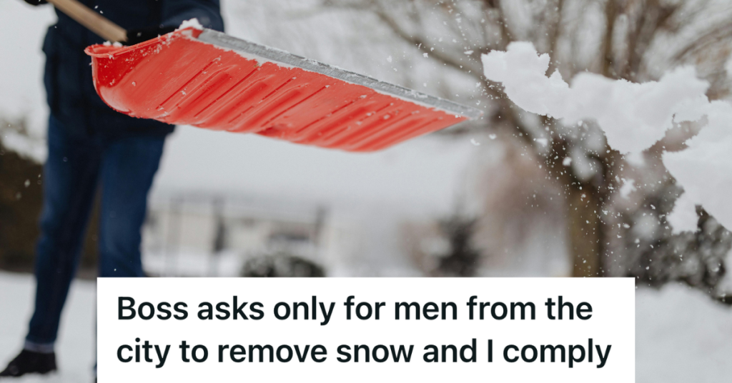 shoveling snow with red shovel
