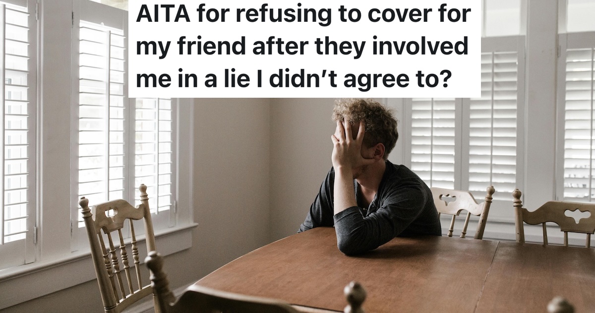 Friend Was Dragged Into A Lie Without Being Asked, But Refuses To Back It Up man looking upset with head in hands at table
