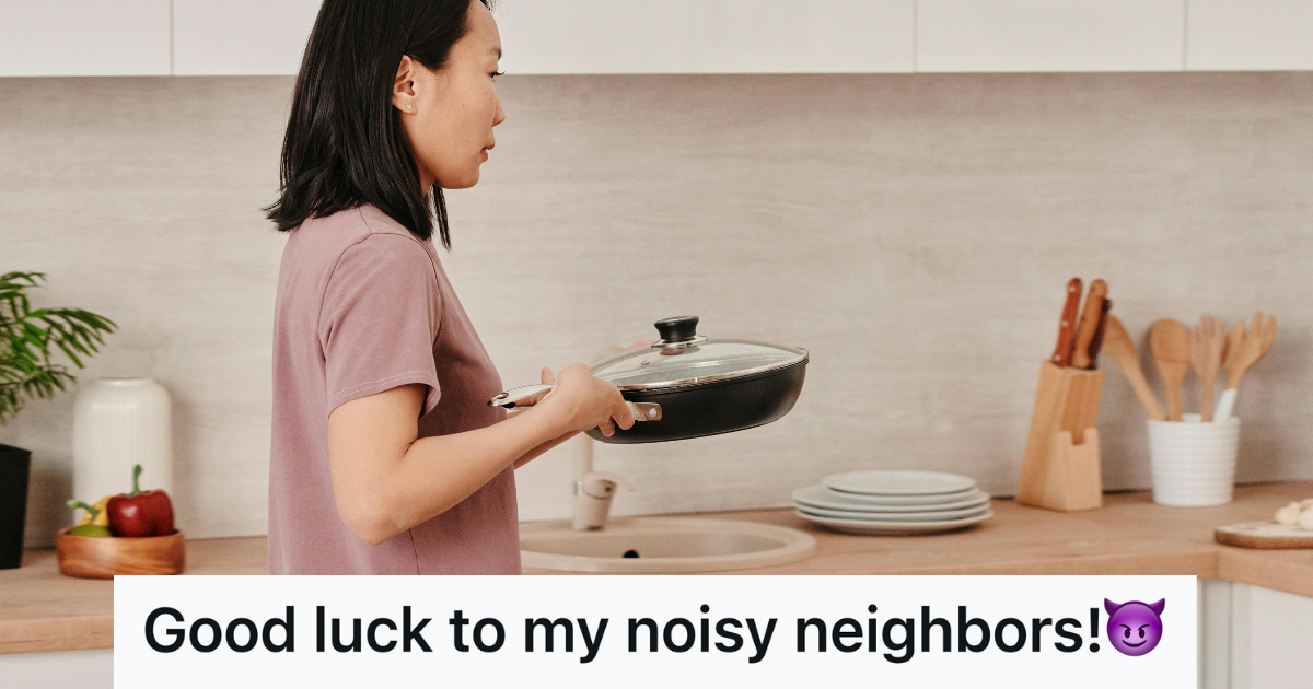 Remote Employee Couldn’t Escape Her Neighbor’s Constant Noise, So When They Refused To Quiet Down, She Delivered A Midnight Noise Performance Of Her Own woman holding pan in her kitchen