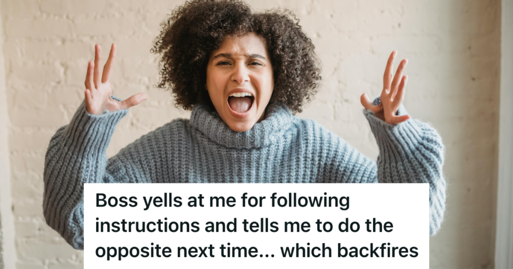 woman in blue sweater screaming