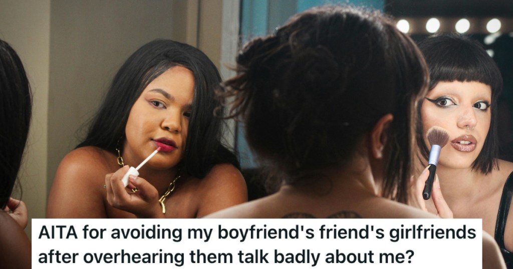 Women applying makeup in a bathroom mirror