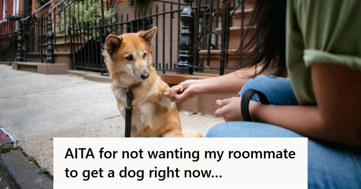 A woman shaking dog's paw outside