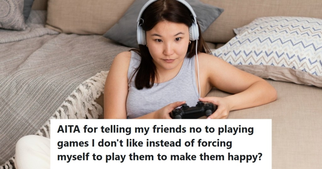 Woman playing video games at home