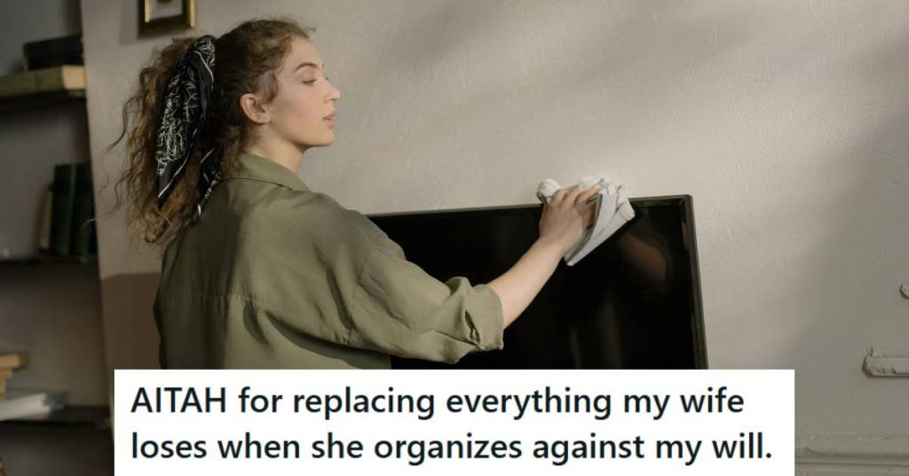 Woman cleaning and dusting the house with a rag