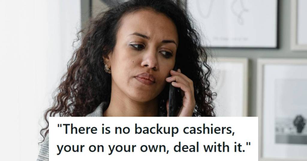 Cashier at department store on phone with assistant manager