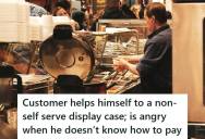 Deli Employee Watched A Customer Open A Non Self Serve Display Case And Grab A Loaded Baked Potato With His Bare Hands, But Then The Customer Got Angry Because There Was No Barcode To Pay For It