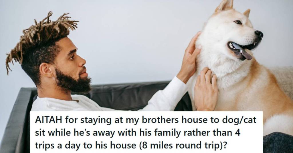 Man sitting on the couch petting a Chow Chow