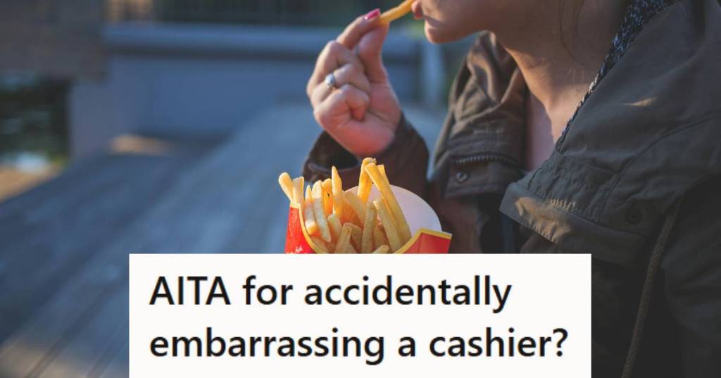 Woman eating her fries after embarrassing a cashier